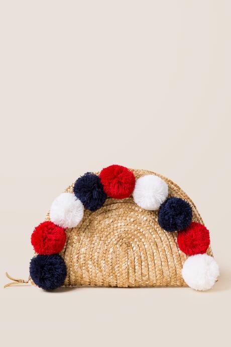 Francescas Kat Straw Pom Clutch - Navy