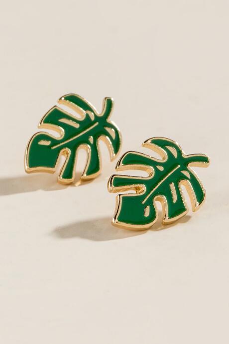 Francesca's Palm Leaf Enamel Studs - Green