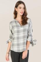 Francesca's Vivianne Tie Sleeve Cold Shoulder Plaid Blouse - Gray