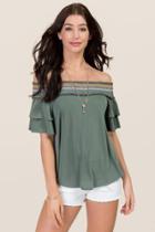 Blue Rain Libby Embroidered Smocked Off The Shoulder Cupro Top - Dark Olive