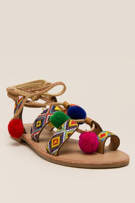 Francesca's Poshy Embroidered Pom Pom Sandal - Natural