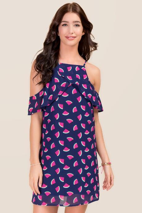 Blue Rain Watermelon Ruffle Shift Dress - Navy