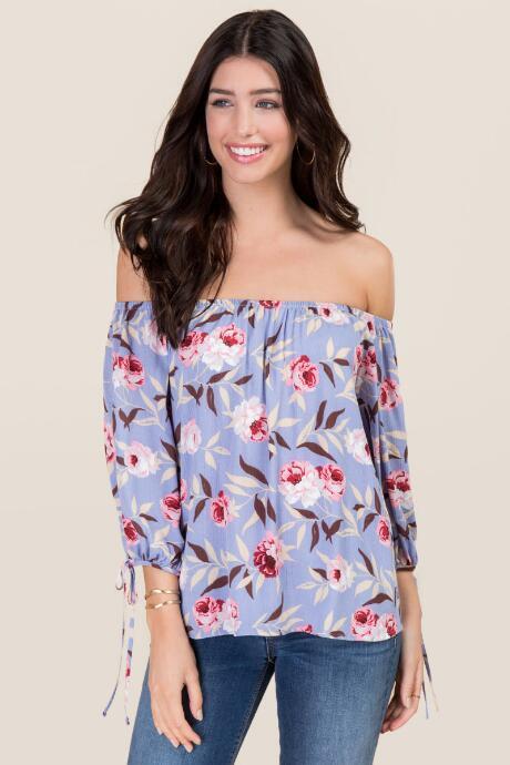 Blue Rain Anya Floral Off The Shoulder Top - Oxford Blue
