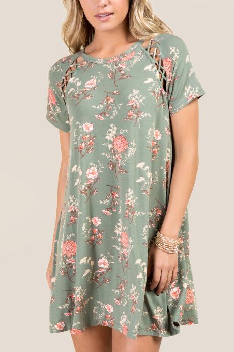 Francesca's Shiloh Lattice Floral Knit Dress - Dark Olive