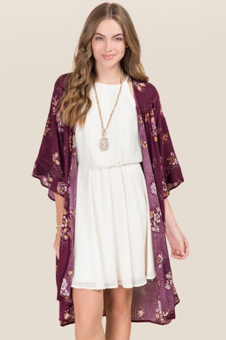 Blue Rain Sky Floral Crochet Kimono - Purple
