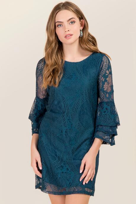 Blue Nakita Ruffle Sleeve Lace Shift Dress - Peacock
