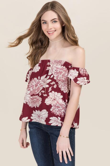 Blue Rain Bexley Off The Shoulder Detached Sleeve Floral Top - Wine