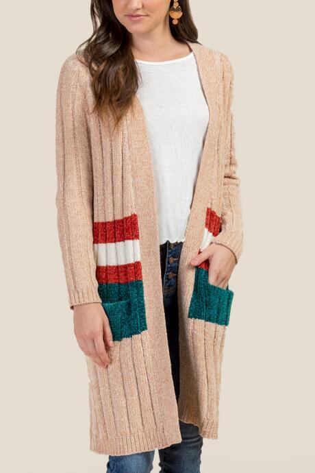 Francesca's Claire Striped Pocket Cardigan - Sand