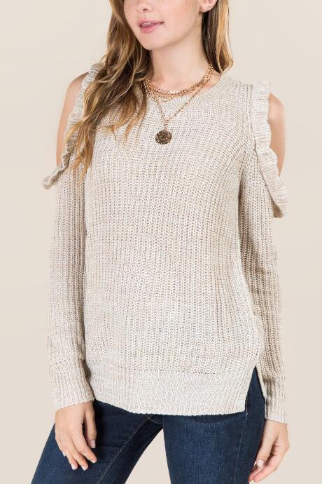Blue Rain Delina Ruffle Cold Shoulder Pullover Sweater - Taupe
