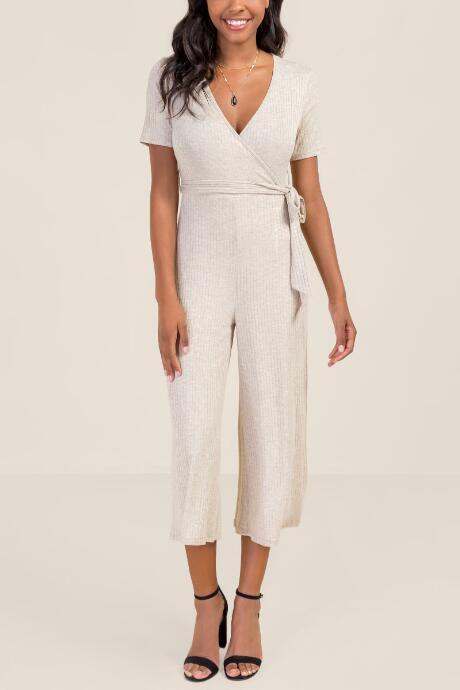 Francesca's Sophia Ribbed Jumpsuit - Heather Oat