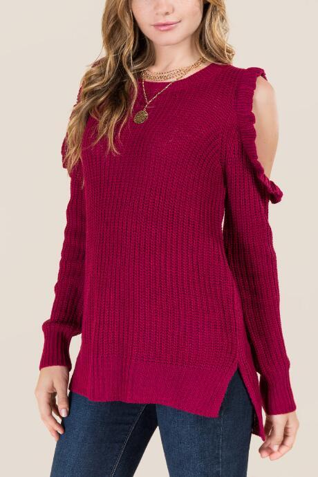 Blue Rain Delina Ruffle Cold Shoulder Pullover Sweater - Burgundy