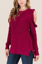 Blue Rain Delina Ruffle Cold Shoulder Pullover Sweater - Burgundy