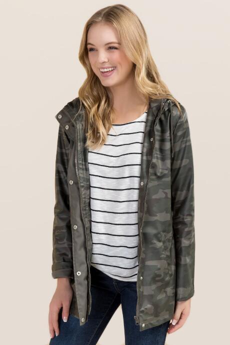 Francesca's Raquel Camo Rain Jacket - Olive