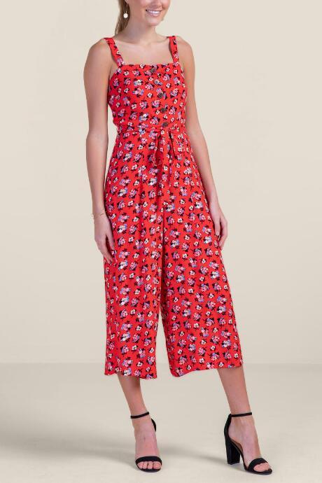 Francesca's Paula Button Front Floral Jumpsuit - Red