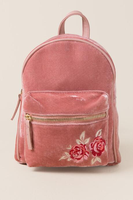 Francesca's Ashley Rose Embroidered Velvet Mini Backpack - Blush