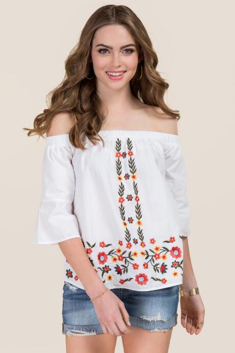 Blue Rain Bethann Floral Embroidered Off The Shoulder Top - White