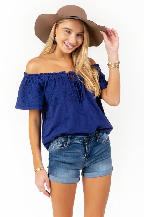 Francesca's Michaela Embroidered Off The Shoulder Top - Navy