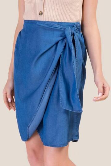 Francesca's Brittany Side Tie Midi Skirt - Medium Wash