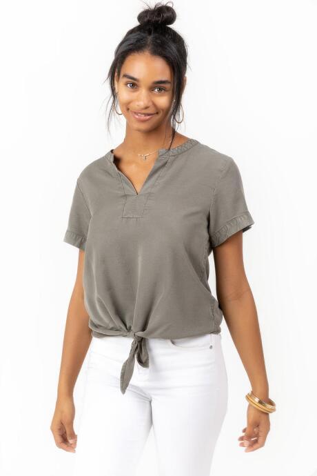 Francesca's Chloe Tie Front Blouse - Olive