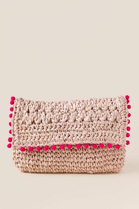 Francesca's Lidia Straw Pom Clutch - Blush