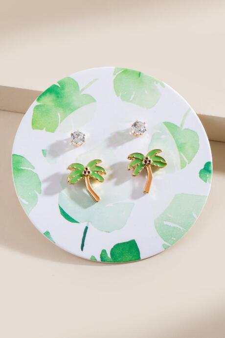 Francesca's Palm Tree Stud Earring Set - Green