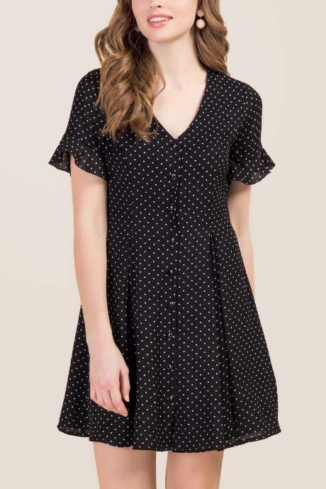 Francesca's Brittany Button Front Polka Dot Shirt Dress - Black/white