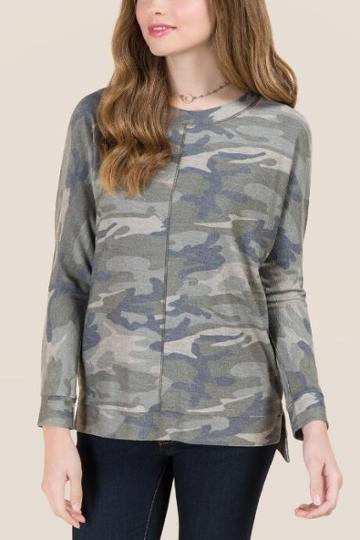Teenplo Roxie Cold Shoulder Camo Top - Dark Olive