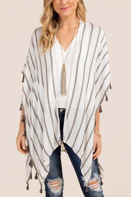 Francesca's Catalina White Striped Ruana - Gray