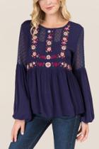 Francesca's Bronte Embroidered Swiss Dot Blouse - Navy