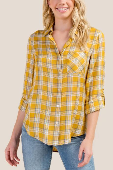 Francesca's Allyson Plaid Button Down Top - Mustard