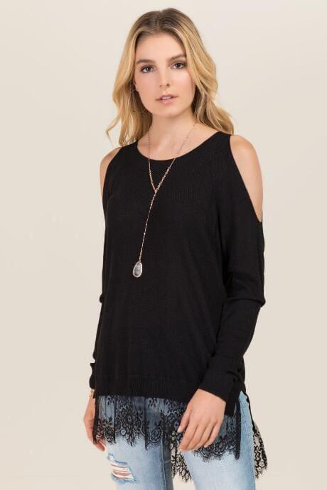 Blue Rain Alto Cold Shoulder Lace Hem Sweater - Black