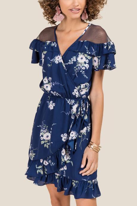 Francesca's Reagan Swiss Dot Floral Wrap Dress - Navy