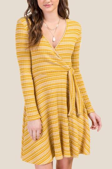Francesca's Brittany Rib Knit Wrap Dress - Mustard