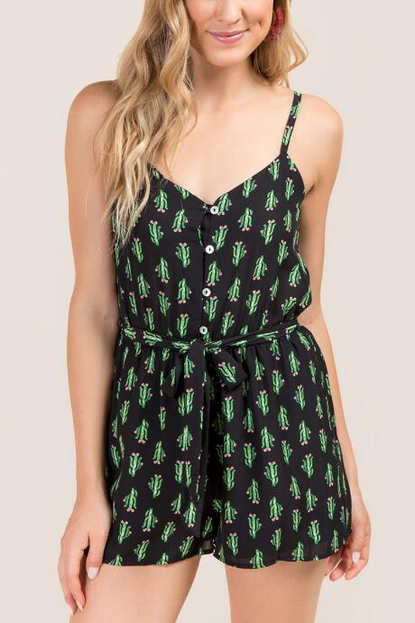 Francesca's Nalia Cactus Button Front Romper - Black