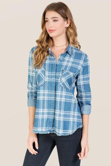 The Group La Yana 3/4 Tab Frayed Chambray Plaid Button Down - Chambray