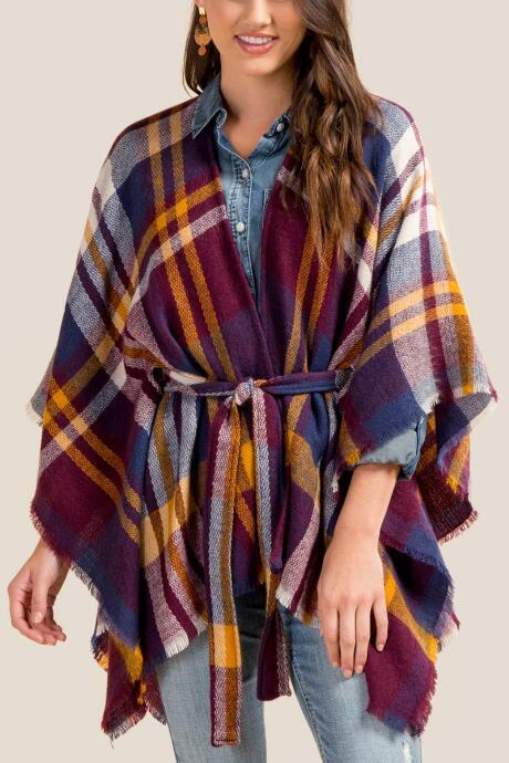 Francesca's Melanie Belted Plaid Ruana - Burgundy