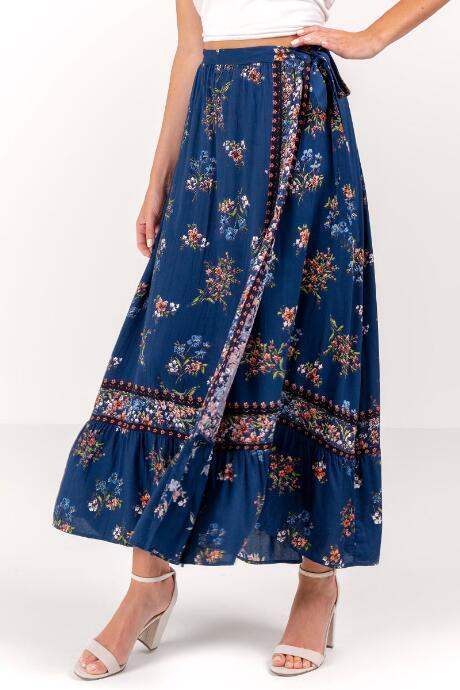 Francesca's Autumn Printed Wrap Skirt - Navy