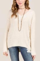 Francesca's Alma Border Stitch V Neck Sweater - Taupe