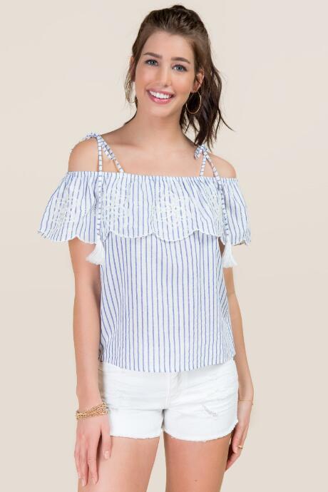 Blue Rain Myla Embroidered Ruffle Tassle Tie Tank - Oxford Blue