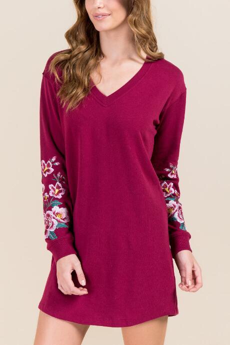 Alya Delilah Embroidered Sleeve Sweatshirt Dress - Burgundy