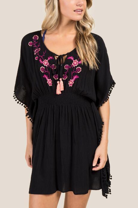 Francesca's Loren Embroidered Pom Trim Swim Cover-up - Black