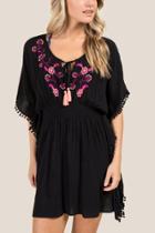 Francesca's Loren Embroidered Pom Trim Swim Cover-up - Black