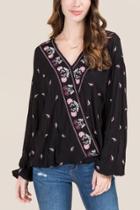 Francesca's Ainsley Poet Sleeve Floral Embroidery Top - Black