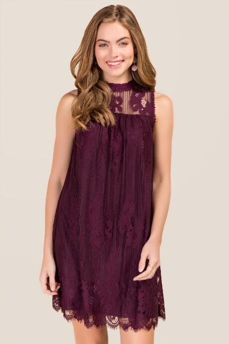 Alya Cassia High Neck Lace Shift Dress - Vintage Purple