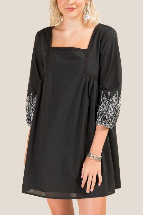 Francesca's Harper Embroidered Shift Dress - Black