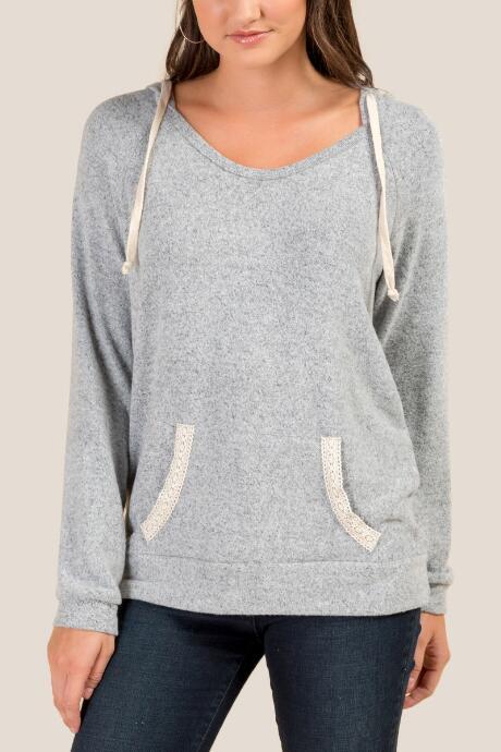 Francesca's Sarabelle Crochet Trim Hoodie Top - Heather Gray