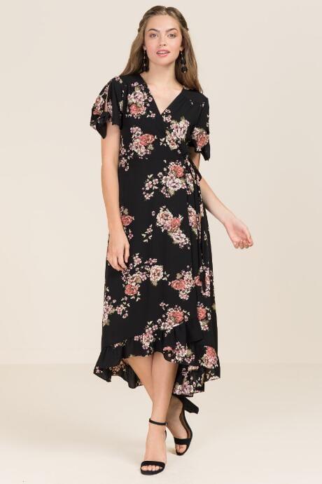 Blue Rain Ivana Tie Sleeve Floral Wrap Dress - Black