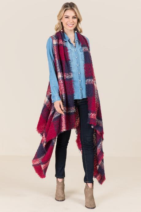 Francesca's Katarina Plaid Vest Ruana - Burgundy