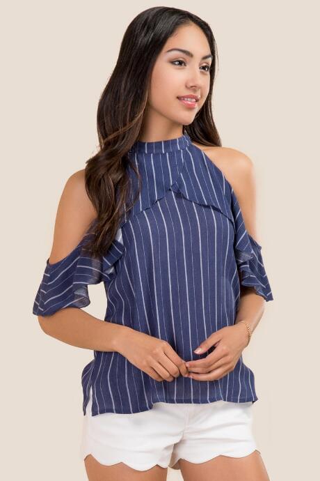 Blue Rain Agnes Striped Ruffle Cold Shoulder Top - Navy