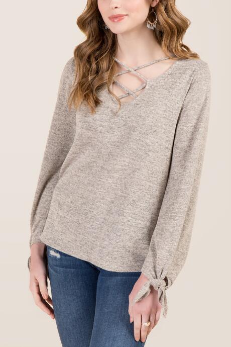 Francesca's Rio Lattice Tie Sleeve Cozy Top - Heather Oat
